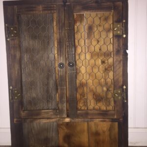 Reclaimed wood and chicken wire cabinet